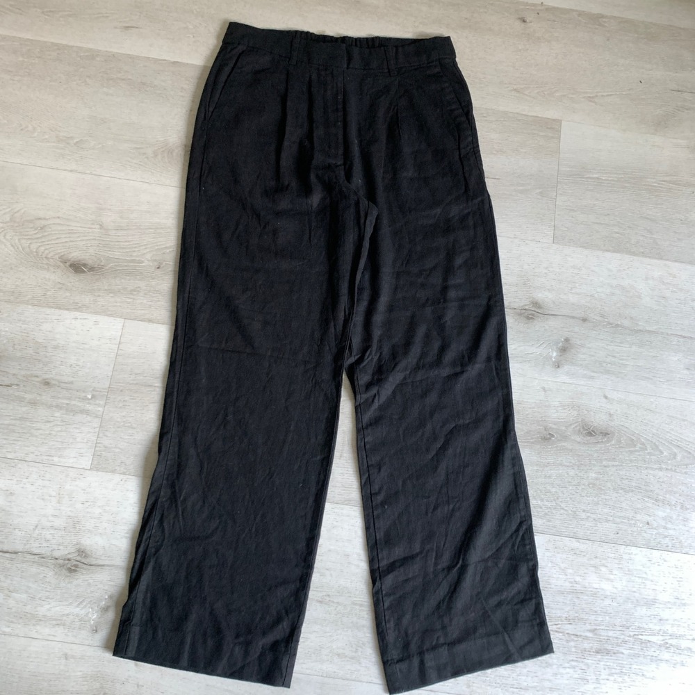 Old Navy Black Linen Blend Wide Leg Pleated Trouser Pants Women Medium High Rise